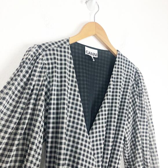 Ganni Gingham Mesh Wrap Mini Dress Size 40 Ruffle Stretch Black White Check - Picture 7 of 13